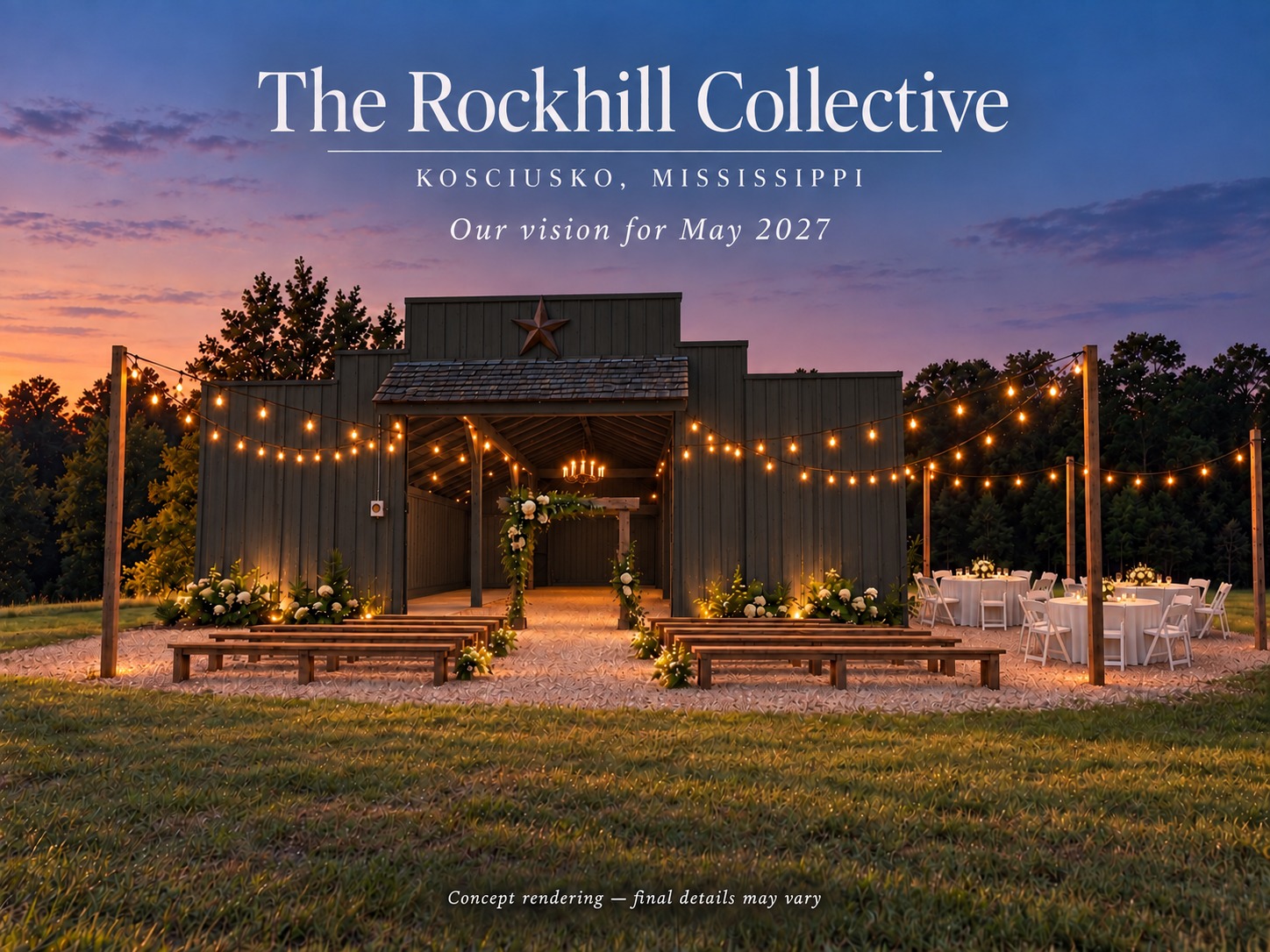 Rockhill barn design concept with lights at sunset
