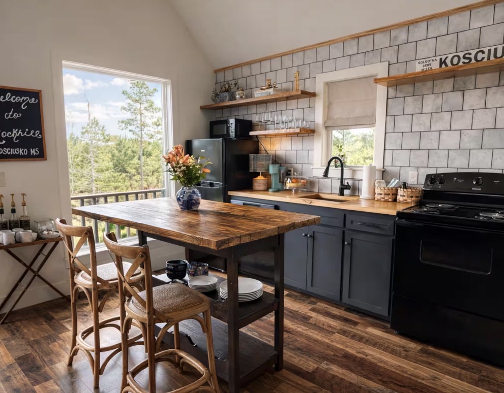 The Rockhill cabin kitchen with a wooden island, open shelves, and charcoal cabinets