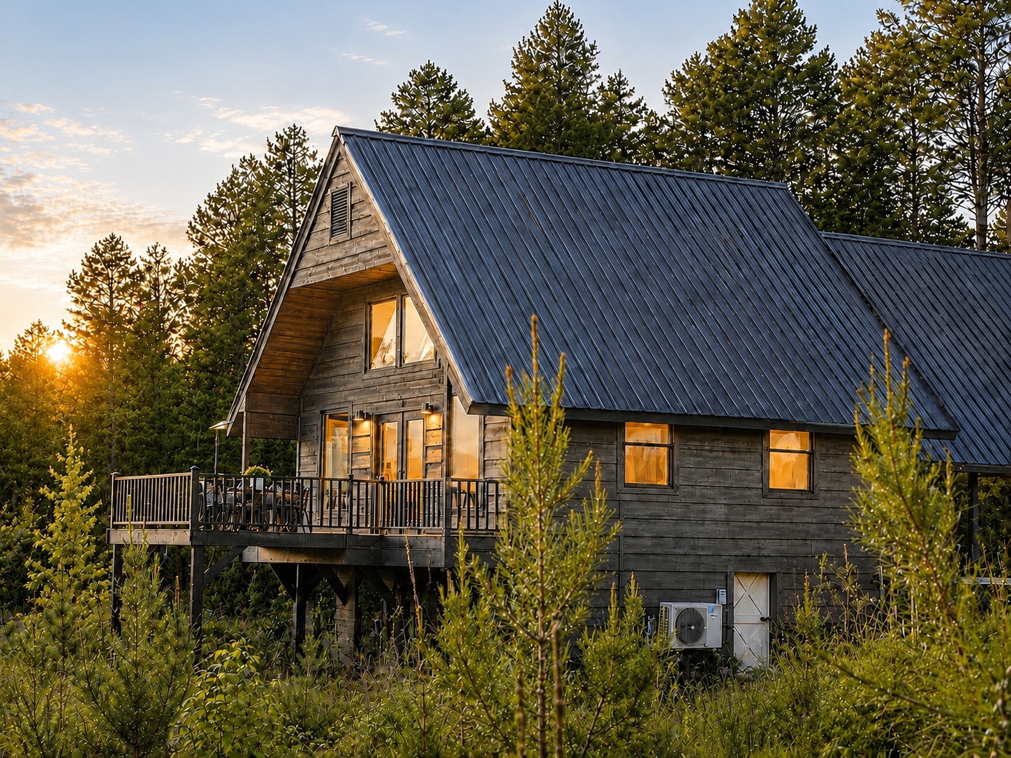 Rockhill cabin surrounded by pines at sunset, with warm light in the windows
