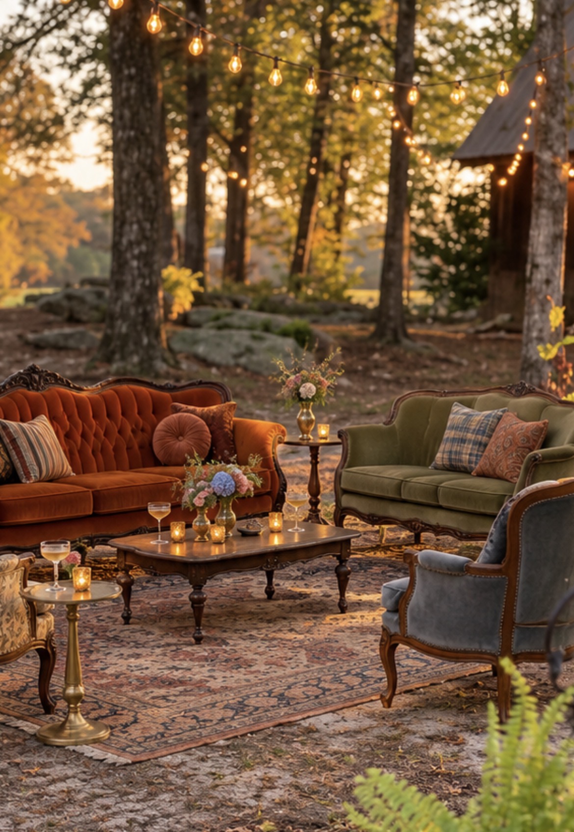 Vintage lounge styling inspiration in a golden woodland setting