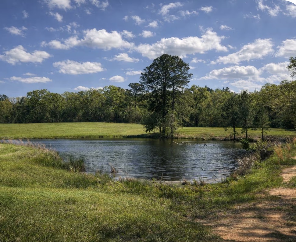 The Rockhill pond beneath blue skies, with green pasture and woodland beyond