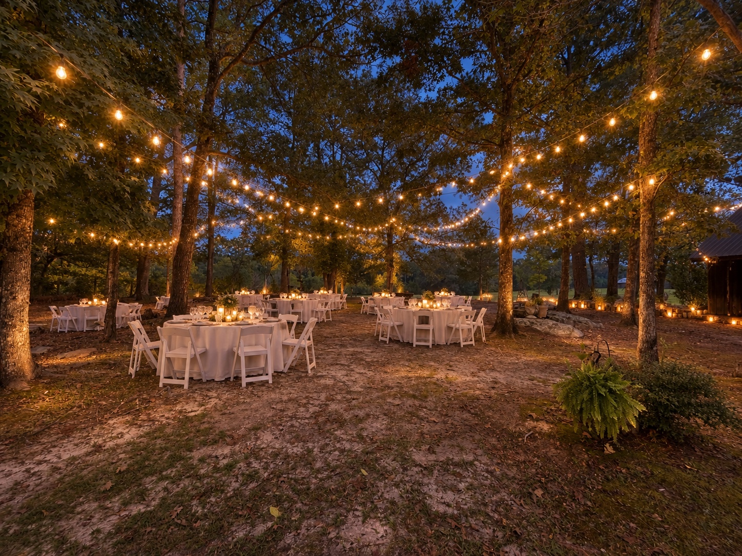Woodland reception mock-up with round tables and string lights